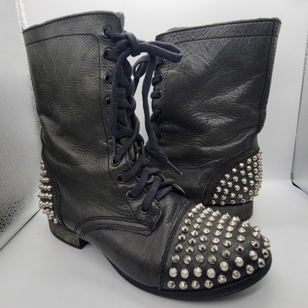 STEVE MADDEN Military Green Leather TARRNEY Motorcycle Grunge Biker Combat 8M - Picture 2 of 11